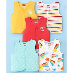 Babyhug Cambric Woven Front Open Sleeveless Vests With Striped & Star Print Pack Of 5 - Multicolour