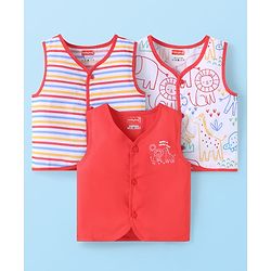 Babyhug 100% Cambric Woven Sleeveless Front Open Jhabla with Animal & Stripe Print  Pack of 3 - Red & White