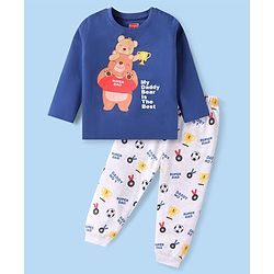 Babyhug Cotton Knit Full Sleeves Night Suit With Bear & Text Print - Blue & White