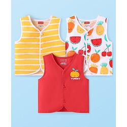 Babyhug 100% Cambric Woven Sleeveless  Front Open Jhabla with Fruit & Stripe Print  Pack of 3 - Red & Yellow