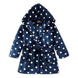 Babyhug Velour Knit Full Sleeves Hooded Bath Robe With Elastic At Waist & Polka Dot Print - Navy Blue