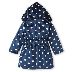 Babyhug Velour Knit Full Sleeves Hooded Bath Robe With Elastic At Waist & Polka Dot Print - Navy Blue