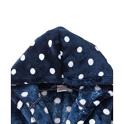 Babyhug Velour Knit Full Sleeves Hooded Bath Robe With Elastic At Waist & Polka Dot Print - Navy Blue