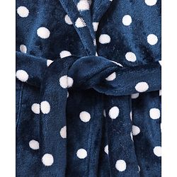 Babyhug Velour Knit Full Sleeves Hooded Bath Robe With Elastic At Waist & Polka Dot Print - Navy Blue
