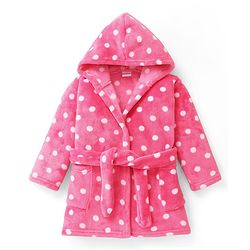 Babyhug Velour Knit Full Sleeves Hooded Bath Robe With Elastic At Waist & Polka Dot Print - Pink