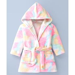 Babyhug Velour Knit Full Sleeves Hooded Bath Robe With Tie & Dye Print & Elastic on Waist - Multicolor