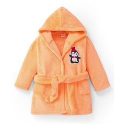 Babyhug Velour Knit Full Sleeves Hooded Bath Robe With Elastic At Waist & Penguin Patch - Light Orange