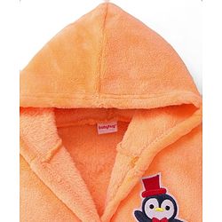 Babyhug Velour Knit Full Sleeves Hooded Bath Robe With Elastic At Waist & Penguin Patch - Light Orange