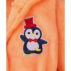 Babyhug Velour Knit Full Sleeves Hooded Bath Robe With Elastic At Waist & Penguin Patch - Light Orange