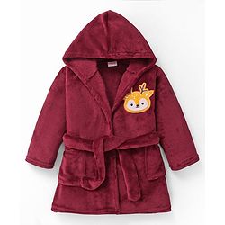 Babyhug Velour Knit Full Sleeves Hooded Bath Robe With Elastic At Waist & Deer Patch - Maroon