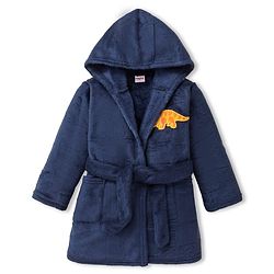 Babyhug Velour Knit Full Sleeves Hooded Bath Robe With Elastic At Waist & Dino Patch - Navy Blue
