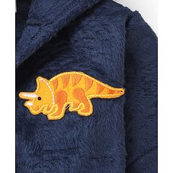 Babyhug Velour Knit Full Sleeves Hooded Bath Robe With Elastic At Waist & Dino Patch - Navy Blue
