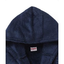 Babyhug Velour Knit Full Sleeves Hooded Bath Robe With Elastic At Waist & Dino Patch - Navy Blue