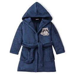 Babyhug Velour Knit Full Sleeves Hooded Bath Robe With Elastic At Waist & Raccoon Patch - Navy Blue