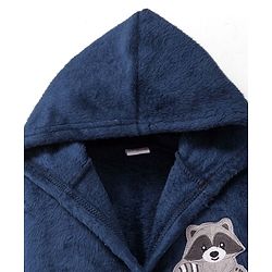 Babyhug Velour Knit Full Sleeves Hooded Bath Robe With Elastic At Waist & Raccoon Patch - Navy Blue