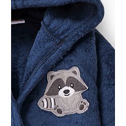 Babyhug Velour Knit Full Sleeves Hooded Bath Robe With Elastic At Waist & Raccoon Patch - Navy Blue