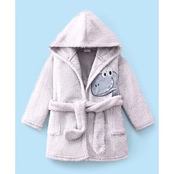 Babyhug Terry Knit Full Sleeves Hooded Bath Robe With Dino Patch - Grey