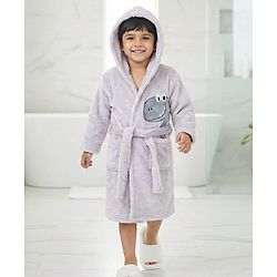 Babyhug Terry Knit Full Sleeves Hooded Bath Robe With Dino Patch - Grey
