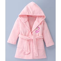 Babyhug Velour Knit Full Sleeves Hooded Bath Robe With Elastic on Waist & Unicorn Embroidery - Pink