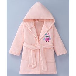 Babyhug Velour Knit Full Sleeves Hooded Bath Robe With Elastic At Waist & Owl Embroidery - Light Pink