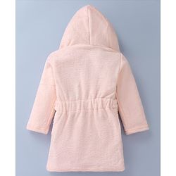Babyhug Velour Knit Full Sleeves Hooded Bath Robe With Elastic At Waist & Owl Embroidery - Light Pink