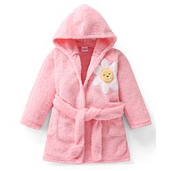 Babyhug Velour Knit Full Sleeves Hooded Bath Robe With Floral Patch - Pink