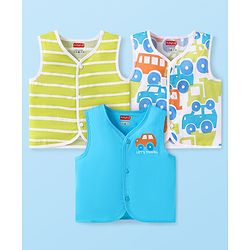 Babyhug 100% Cambric Woven  Sleeveless Front Open Jhabla with Vehicle  & Stripe Print  Pack of 3 - Green & Blue