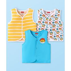 Babyhug 100% Cambric Woven Sleeveless Front Open Jhabla with Lion & Stripe Print  Pack of 3 - Yellow White & Blue