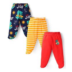 Babyhug Interlock Knit  Footed Leggings with Stripes Design &  Dino Print Pack of 3 - Navy Blue Yellow & Red