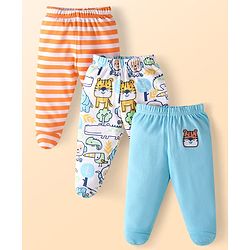 Babyhug Cotton Knit Full Length Bottie Leggings with Strips & Animal Print Pack of 3 - Orange White & Light Blue