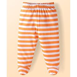 Babyhug Cotton Knit Full Length Bottie Leggings with Strips & Animal Print Pack of 3 - Orange White & Light Blue