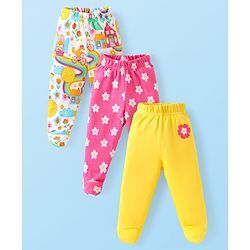 Babyhug Cotton Knit Full Length Bootie Leggings with Floral Print Pack of 3 - Yellow White & Pink