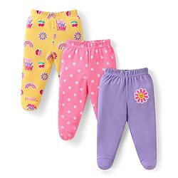Babyhug Interlock Knit Footed Leggings with Polka Dots Floral & Rainbow Print Pack of 3 - Yellow Pink & Lilac