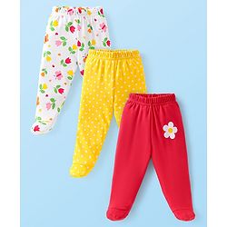 Babyhug Interlock Cotton Knit Footed Bootie Leggings Floral Print Pack of 3 - Red Yellow White