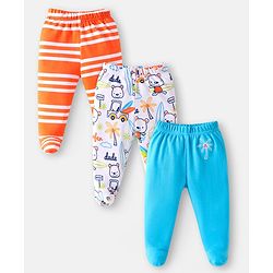 Babyhug Interlock Knit Bootie Leggings with Beach Theme Print & Stripes Pack of 3 - Orange White & Blue