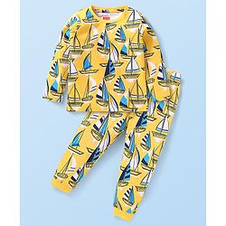 Babyhug Cotton Knit Full Sleeves Night Suit with Sailboat Print - Yellow