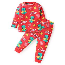 Babyhug Cotton Knit Full Sleeves Night Suit With Dino Print - Red