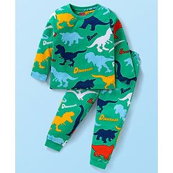 Babyhug Cotton Knit Full Sleeves Night Suit with Dino Print - Green