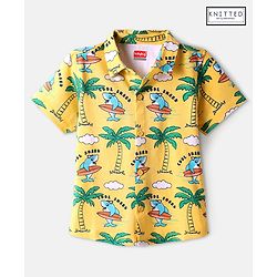 Babyhug Cotton Knit Half Sleeves Shirt with Beach Theme Print - Yellow