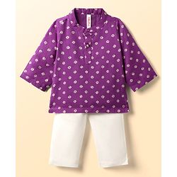 Babyhug Cambric Woven Full Sleeves Kurta Pyjama Set With Bandhani Print - Purple & White