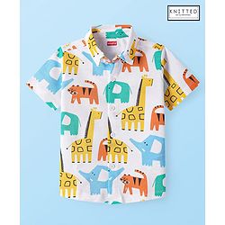 Babyhug Cotton Knit Half Sleeves Shirt with Animals  Print - White