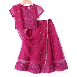 Babyhug Woven Half Sleeves Choli Lahenga Set With Dupatta & Floral Embroidered - Dark Pink