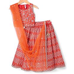 Babyhug Woven Sleeveless Floral  Embroidered Choli Lehenga & Dupatta Set with Tassle Detailing & Foil Print - Orange