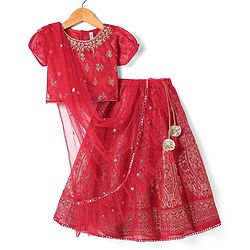 Babyhug Woven Short Sleeves Floral Embroidered & Foil Printed Choli Lehenga with Dupatta- Red