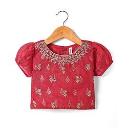 Babyhug Woven Short Sleeves Floral Embroidered & Foil Printed Choli Lehenga with Dupatta- Red