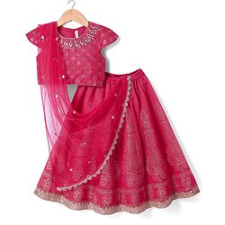 Babyhug Woven Half Sleeves Lehenga Choli Set With Floral Foil Print & Embroidery And Dupatta - Dark Pink