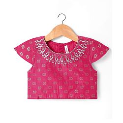 Babyhug Woven Half Sleeves Lehenga Choli Set With Floral Foil Print & Embroidery And Dupatta - Dark Pink