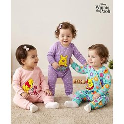 Babyhug Disney Interlock Knit Full Sleeves Front Open Rompers with Winnie the Pooh Graphics Pack of 3 - Pink Turquoise & Lilac