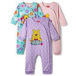 Babyhug Disney Interlock Knit Full Sleeves Front Open Rompers with Winnie the Pooh Graphics Pack of 3 - Pink Turquoise & Lilac