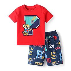 Babyhug Single Jersey Knit Half Sleeves T-Shirt & Shorts Set With Text Print & Tiger Patch - Red & Navy Blue